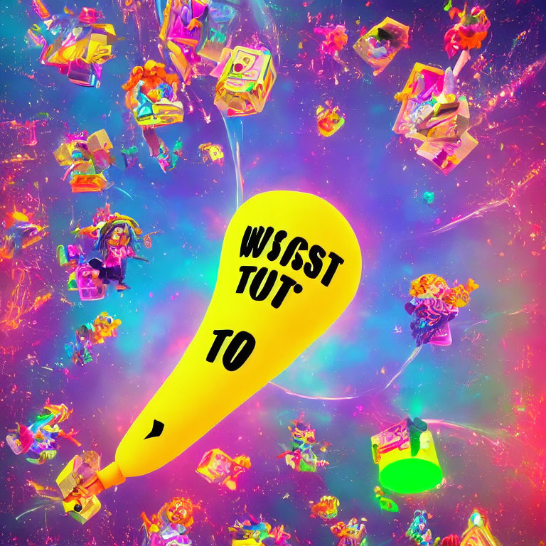 Colorful Kaleidoscopic Scene with Central Yellow Lightbulb & Floating Animated Characters