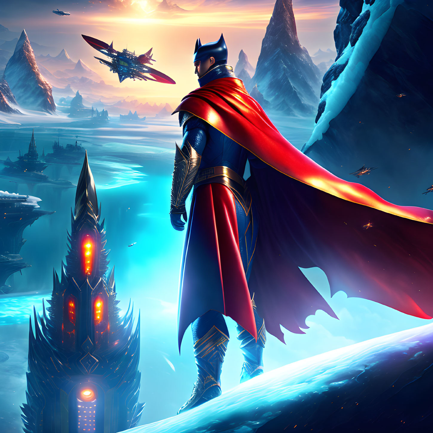 Heroic figure in blue suit and red cape gazes over futuristic icy landscape with sharp mountains and advanced