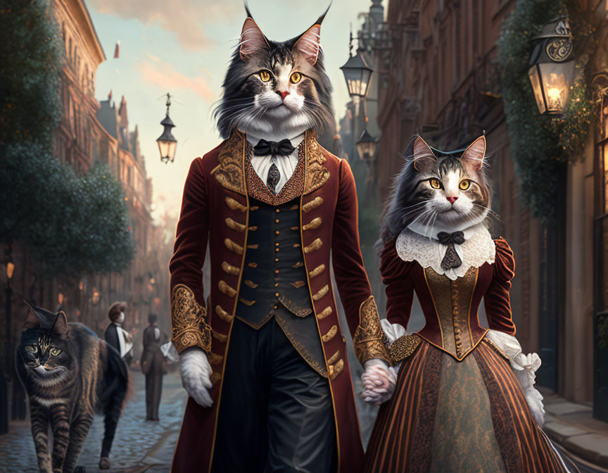 Anthropomorphic cats in Victorian attire stroll on cobblestone street