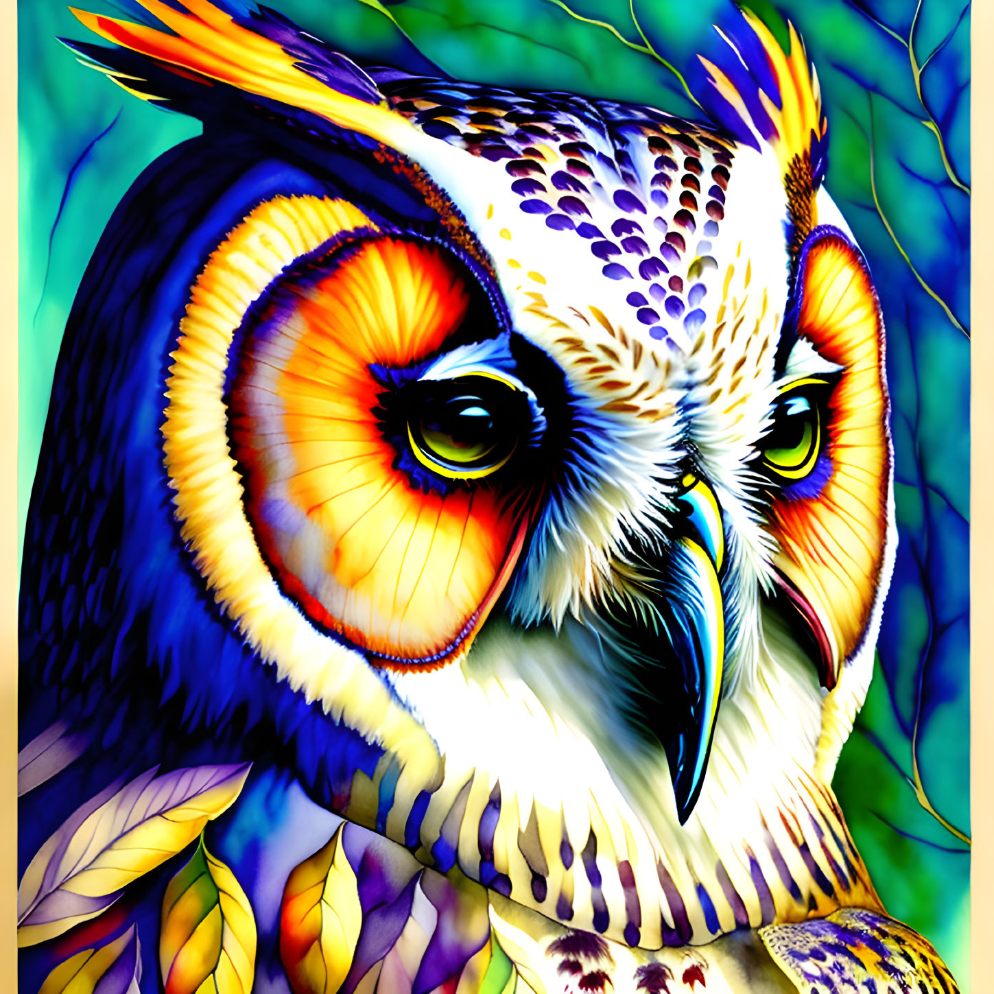 Colorful Owl Illustration with Exaggerated Eyes and Intricate Patterns