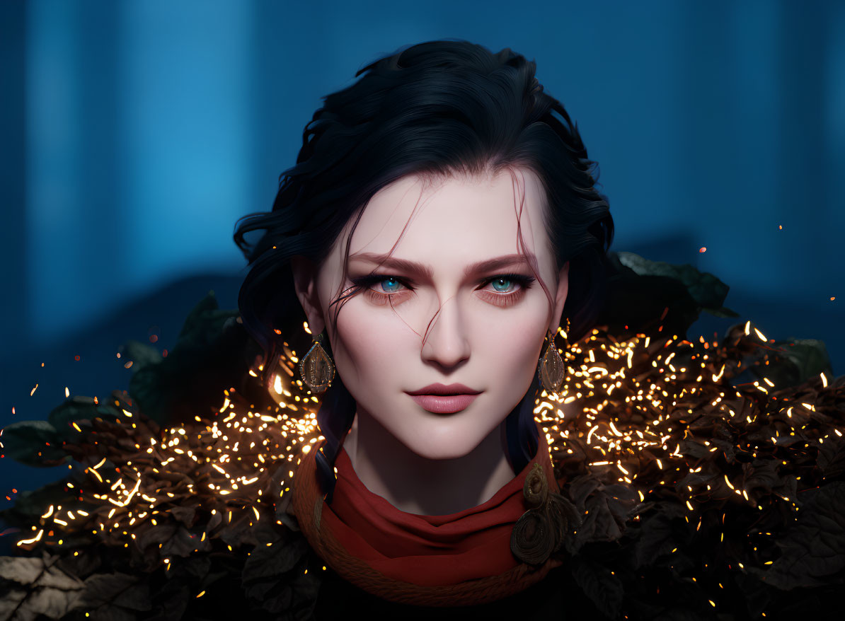 Digital portrait of a woman with blue eyes, dark hair, red scarf, and golden leaves.