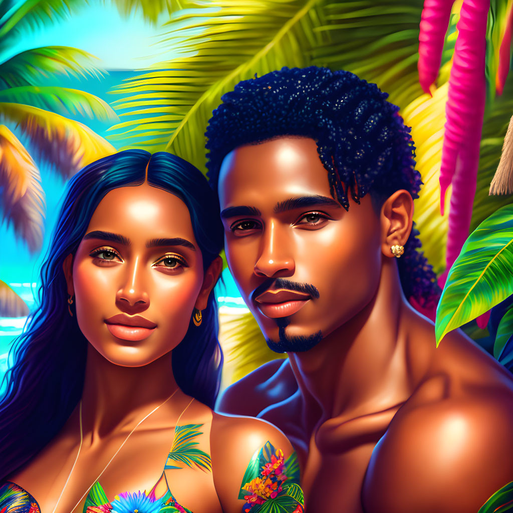 Stylized portrait of man and woman against tropical backdrop