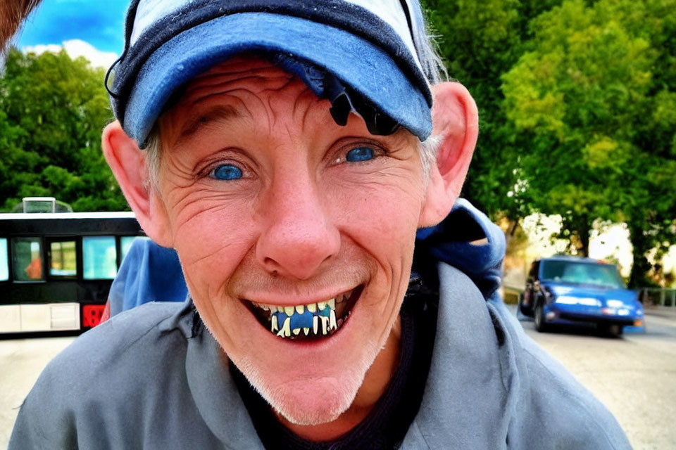 Smiling man with cap and unique teeth, blue eyes, blurry road background