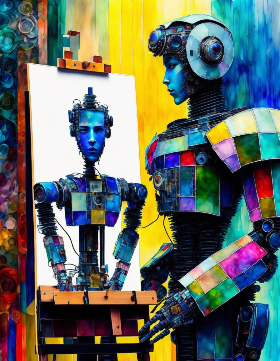 Vibrant humanoid robots in patchwork armor painting portrait