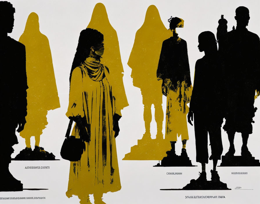 Silhouetted Figures in Yellow and Black with Textured Details