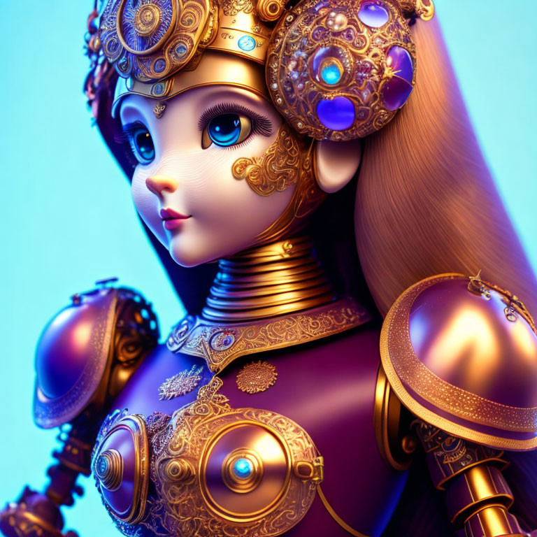 Female robot in golden armor with baroque-style details on blue background