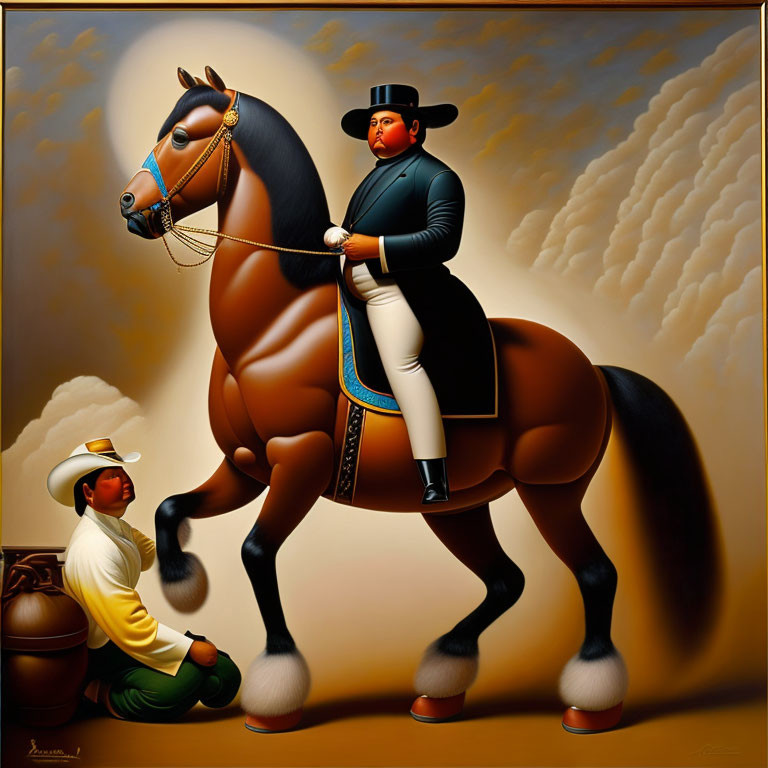 Stylized painting of person in black outfit riding large horse