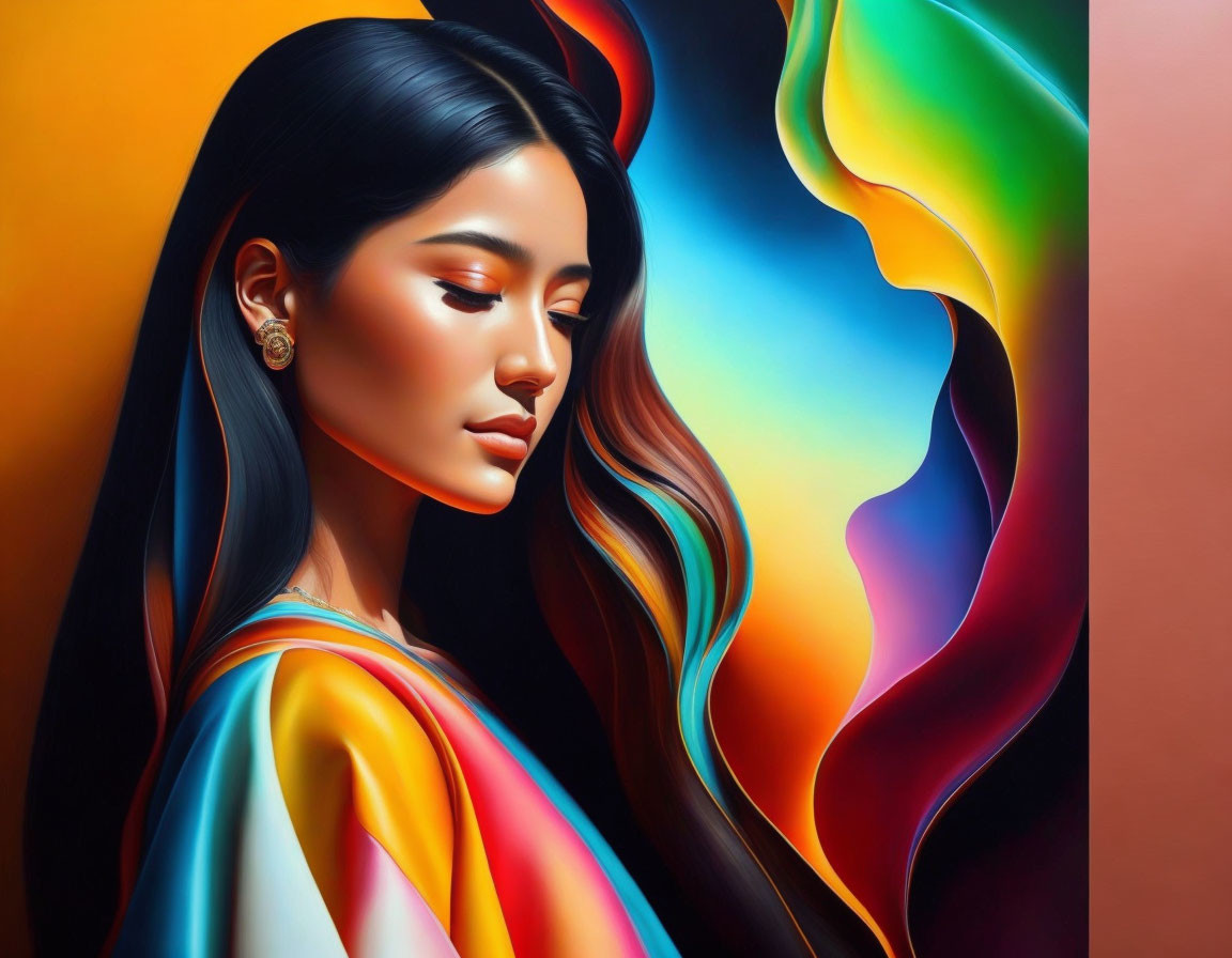 Colorful digital portrait of a woman with flowing hair and abstract background