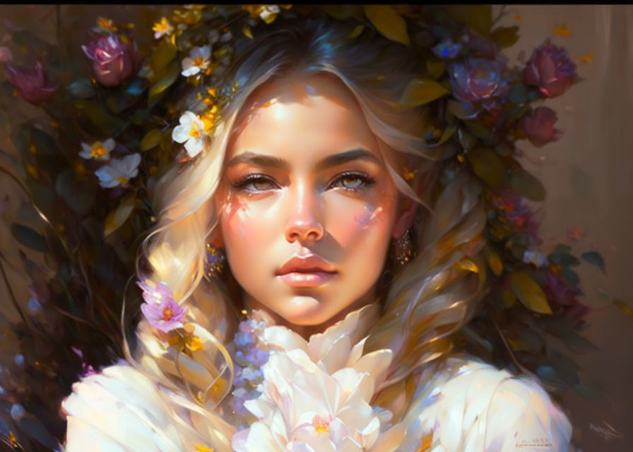 Blonde-haired woman with floral adornments in fantasy portrait