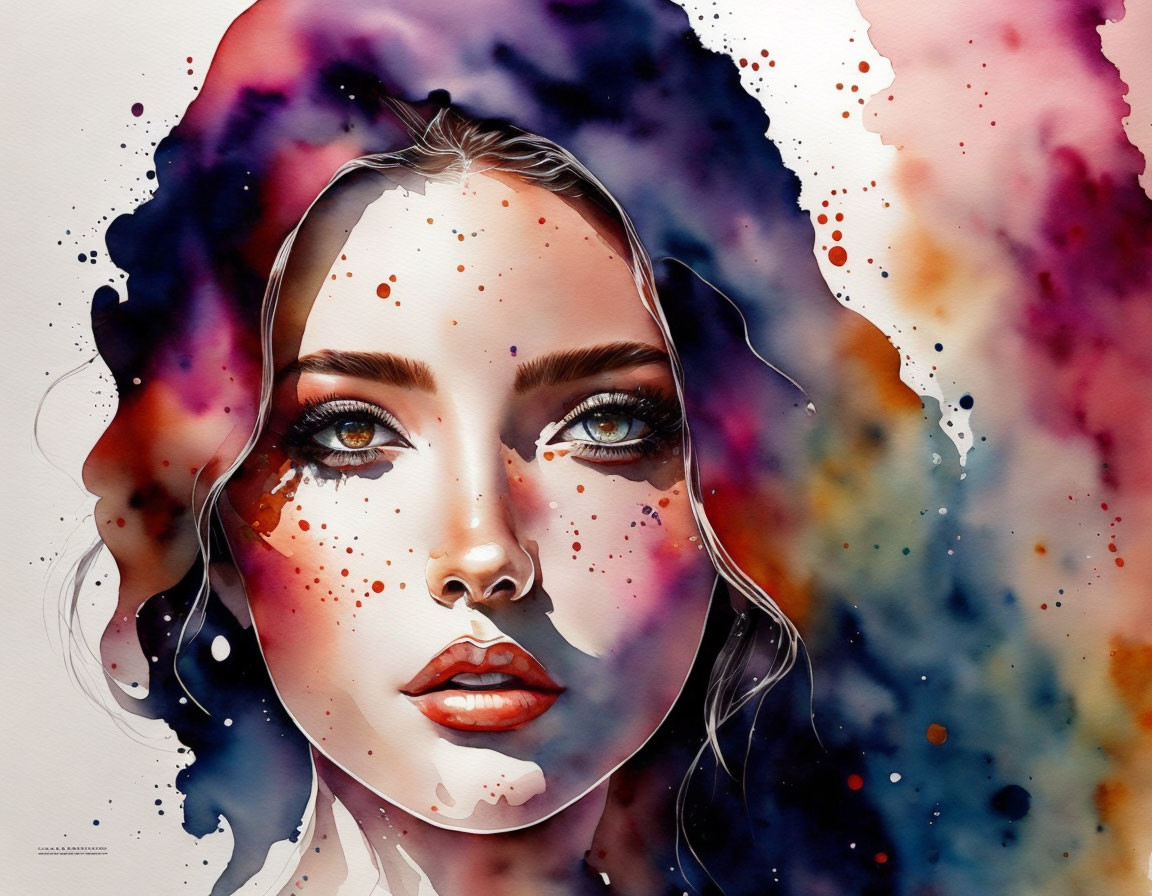 Colorful Watercolor Portrait of Woman with Detailed Facial Features