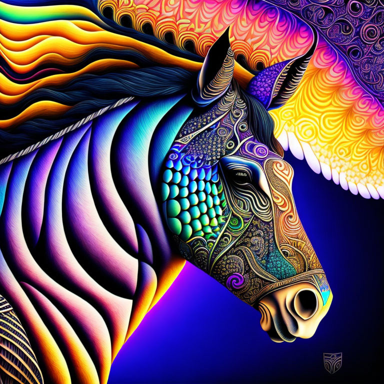 Colorful Psychedelic Zebra Artwork with Neon Background