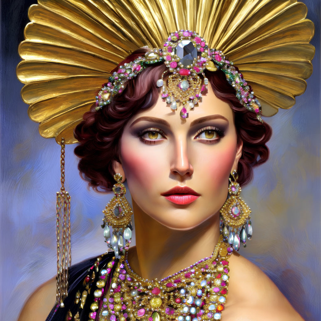 Woman with golden headdress and dramatic makeup look.