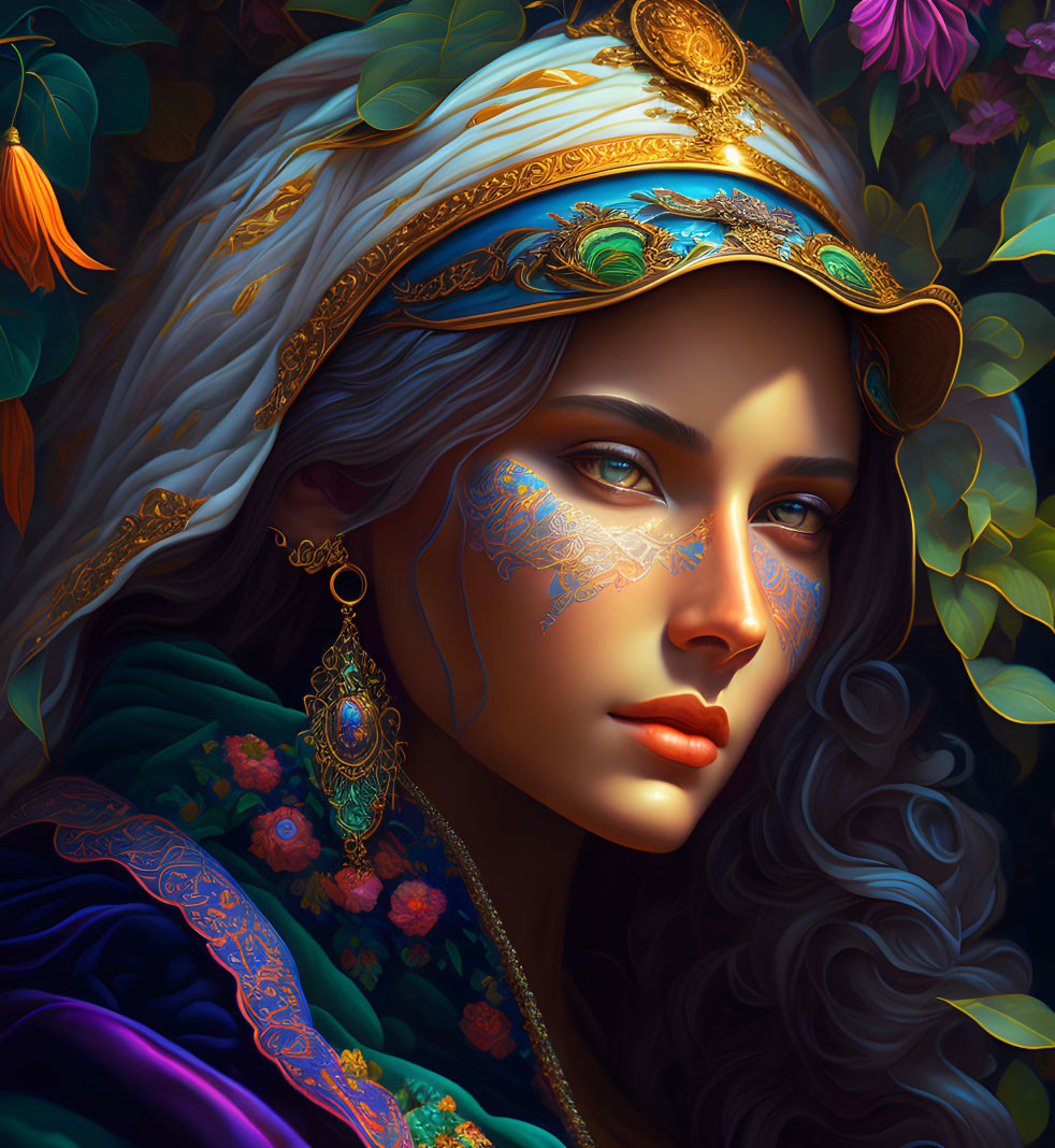 Detailed artwork: Woman adorned with ornate jewelry, blue facial markings, headpiece, against colorful floral