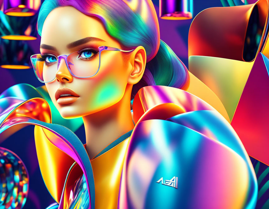 Colorful digital artwork: Woman with blue hair and glasses among vibrant abstract shapes