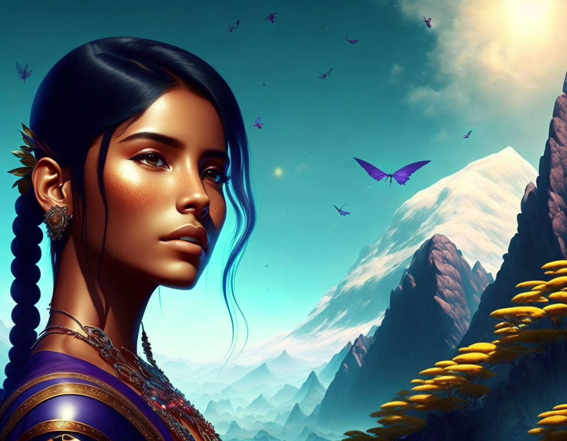 Digital art portrait of woman with golden skin and black hair against mountain backdrop, blue sky, and purple