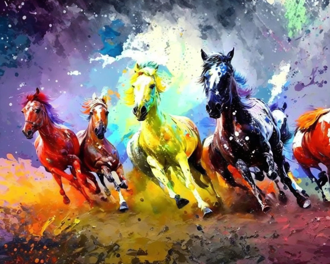 Colorful Painting of Five Horses in Motion on Splashed-Ink Background