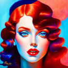 Colorful digital portrait of a woman with blue eyes and vibrant red and blue hair, bold makeup,