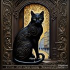 Ornate black cat with swirling patterns by golden arched doorway