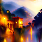 Vibrant digital painting of illuminated villa by water, mountains, sunset