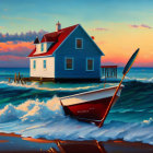 Scenic seaside painting with blue house on stilts, boathouse, rowboat, and sunset