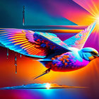 Colorful digital artwork: Blue bird in flight with vibrant wings, surreal background.