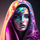 Digital Artwork: Woman with Vibrant Glowing Eyes and Colorful Rose-Patterned Hood