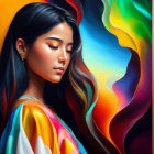 Colorful digital portrait of a woman with flowing hair and abstract background