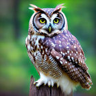 Brown and White Speckled Owl with Yellow Eyes Perched on Tree Stump