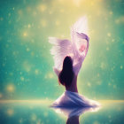 Angel Wings Person in White Dress on Teal Starry Background