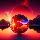 Surreal landscape with reflective sphere, fiery sky, moons, forest silhouette, red lake.