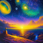 Surreal sunset digital artwork: ocean, rocky outcrop, galaxy-filled sky