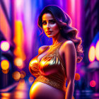 Glamorous pregnant woman in golden dress in neon-lit city alley