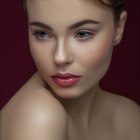 Young woman's digital portrait with flowing hair, blue eyes, rosy cheeks, red lips, on