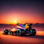 Formula 1 car on desert landscape at sunset with orange and purple hues