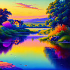 Colorful sunset reflections on calm river with vibrant flora and quaint house.