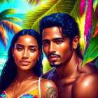 Stylized portrait of man and woman against tropical backdrop