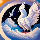 Surreal white dove illustration on clouds with flying doves in star-filled sky