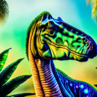 Colorful Dinosaur Head Artwork in Tropical Setting