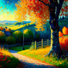 Colorful autumn rural path painting with fiery trees and rolling hills