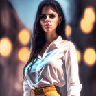 Dark-haired woman in white shirt and yellow pants stands confidently at twilight with blurry lights.