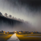 Large Dam Painting with Cascading Water and Warm Lights