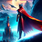 Heroic figure in blue suit and red cape gazes over futuristic icy landscape with sharp mountains and advanced