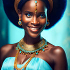 Radiant woman in blue off-shoulder dress with gold and turquoise jewelry against blue backdrop