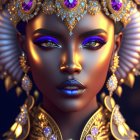 Vivid digital portrait of woman with blue makeup and ornate headdress