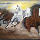 Three Galloping Horses Under Dramatic Cloudy Sky