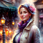 Smiling woman with rose in hair on snowy street with lantern and shop signs