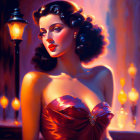 Elegant woman in satin gown with wavy hair by lamppost