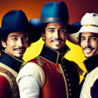 Three Smiling Musketeers in Flamboyant Hats and Elaborate Period Costumes