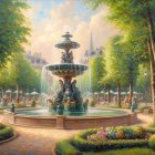 Tranquil forest park with ornate multi-tiered fountain