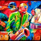 Colorful painting of three men in hats and suits with a guitar, featuring abstract patterns and warm tones